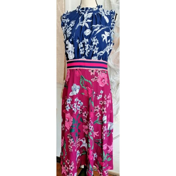 VINCE CAMUTO Navy Coral Floral Midi Dress Lined Size 12 NWT Striped Waist $148 - Picture 1 of 3